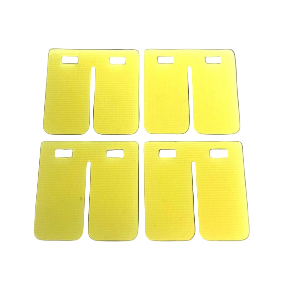 Six yellow rectangular objects with slots on a black background