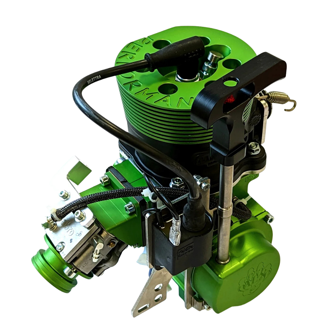 ALX 71 Performante Primal Raminator MT Full Kit engine in green anodised, rear view from the pull-start side, with engraved ALX logo cover, ignition coil and Performante cylinder head