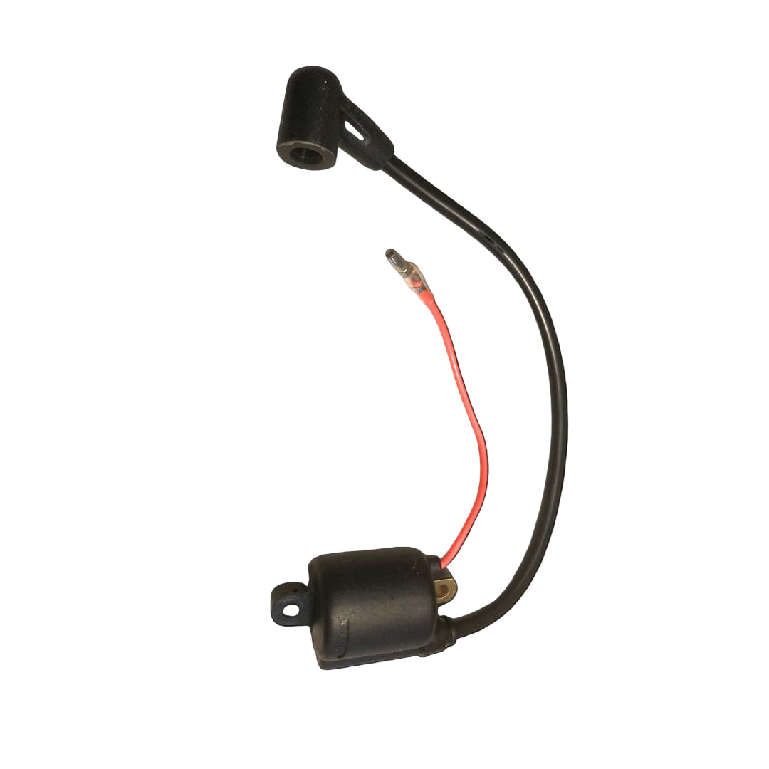 Ignition coil with black housing and red wire on a black background