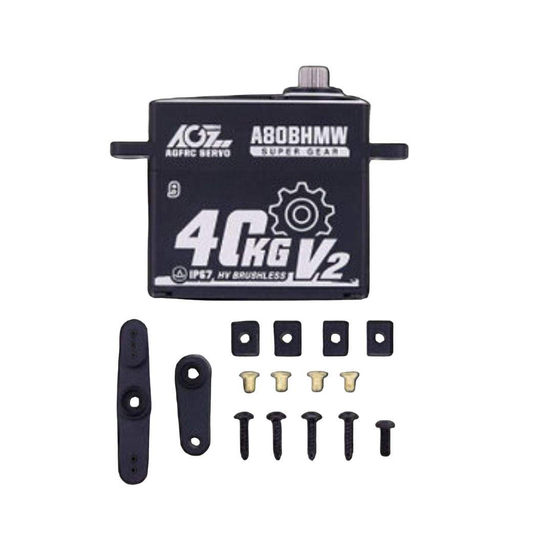 AGFRC A80BHMW V2 40KG Torque Waterproof Servo for RC Vehicles, displayed with components and mounting hardware.