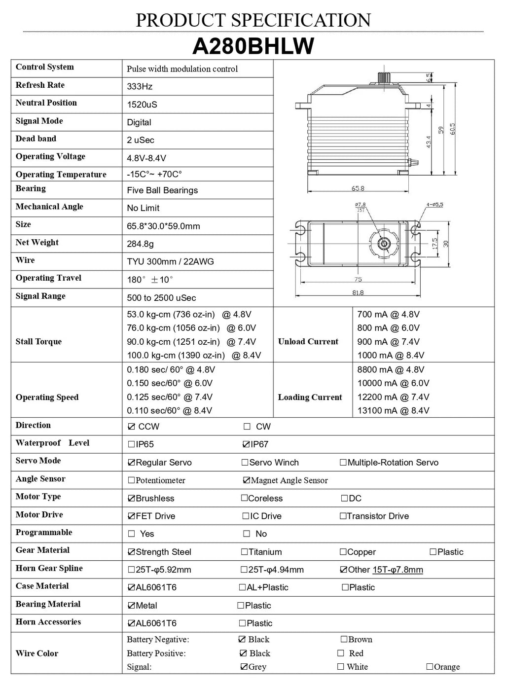 AGFRC Brushless 100KG Billet Servo - A280BHLW