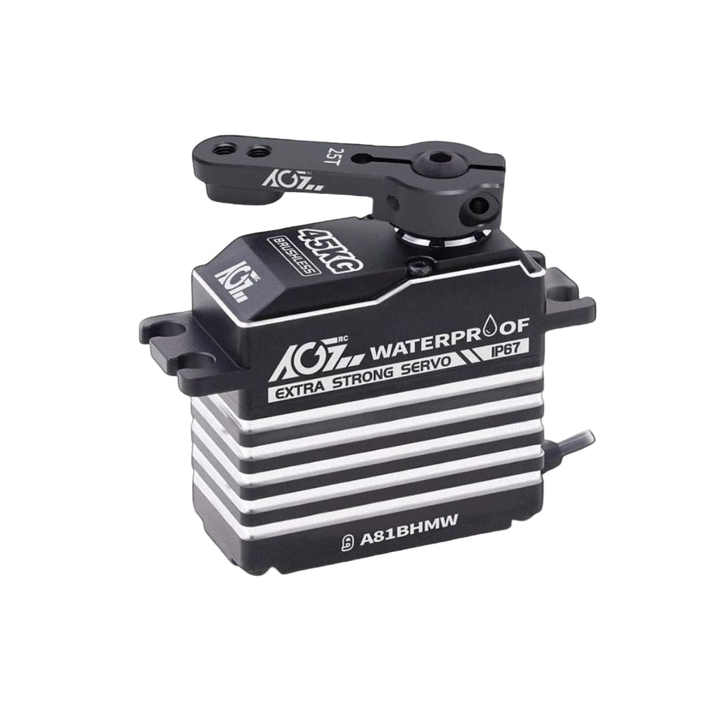 A black AGFRC waterproof high speed digital brushless servo with a striped pattern design and the model number A81BHMW visible.