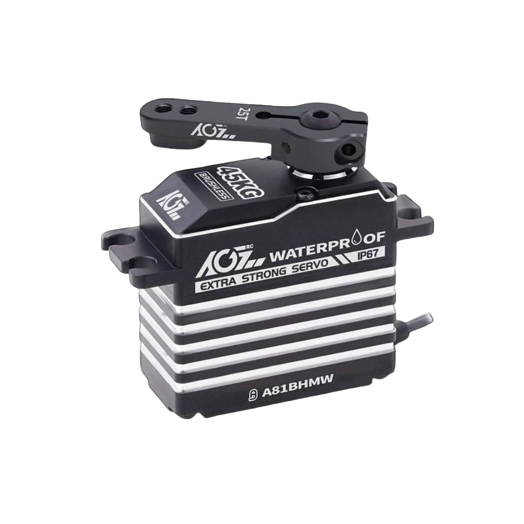 A black AGFRC waterproof high speed digital brushless servo with a striped pattern design and the model number A81BHMW visible.