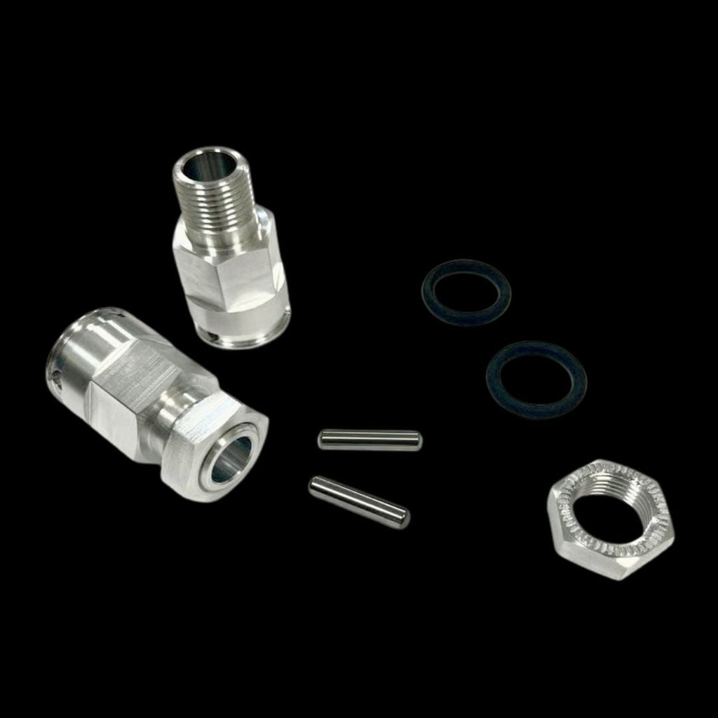 Set of metal hex hub components including two connectors, hardware, and a hex nut on a black background.