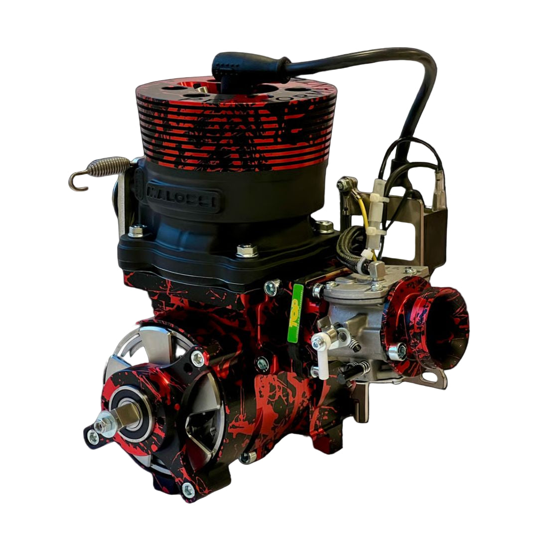 Engine with red and black design on a black background