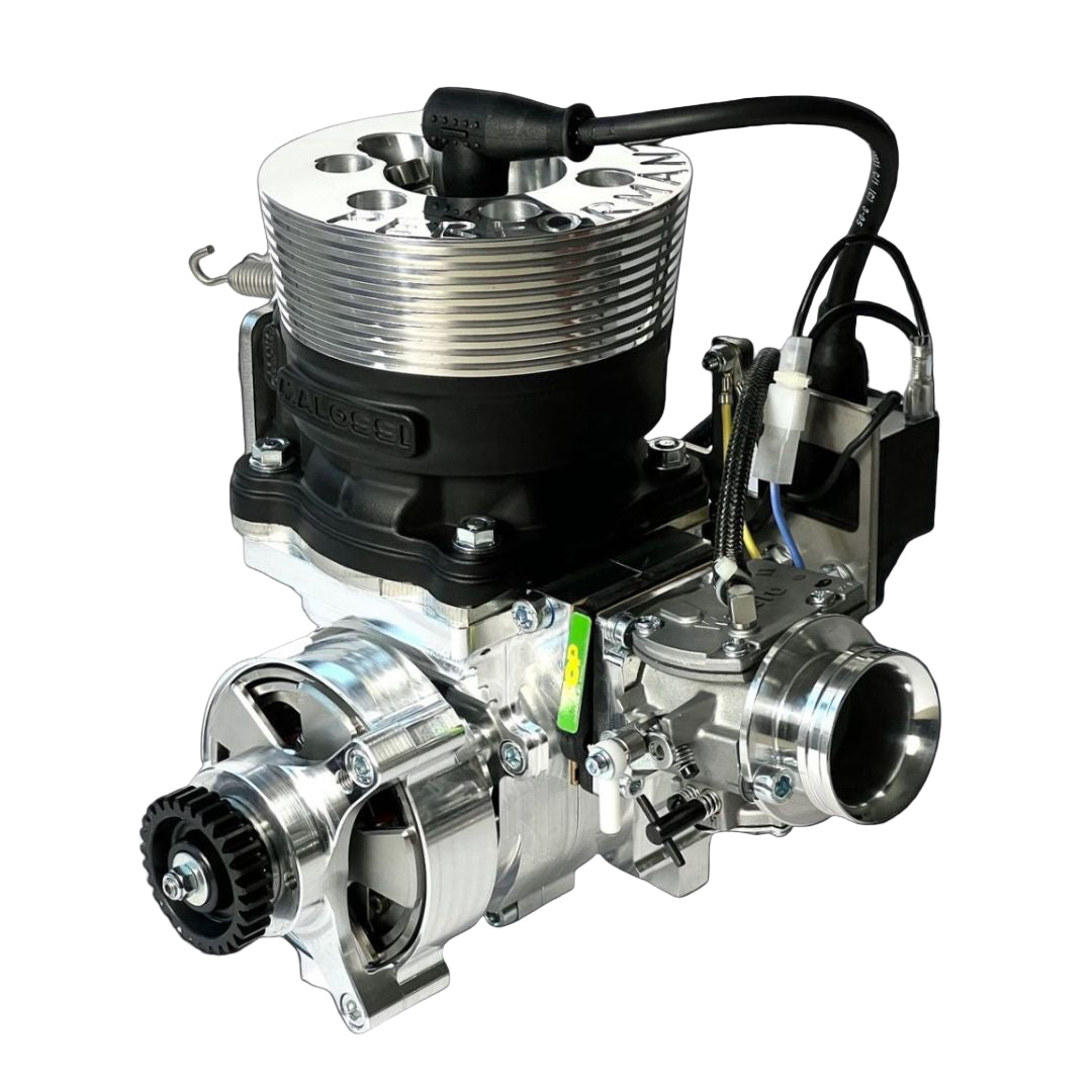 Engine block with various components on a black background