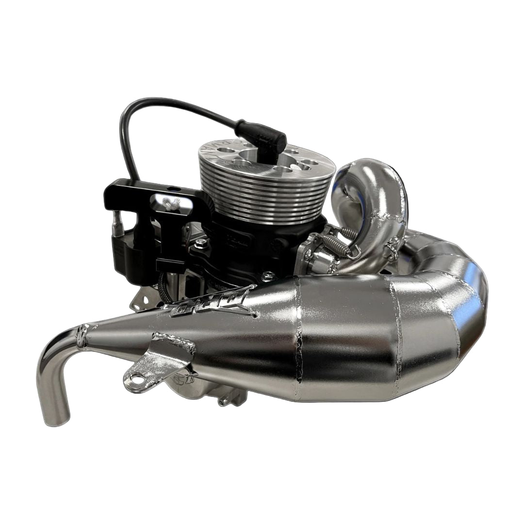 Motorcycle engine with exhaust system on a black background