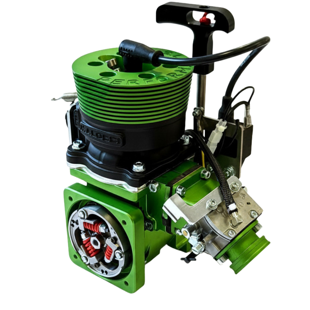 ALX 71 Performante Primal Raminator MT Full Kit engine in green anodised, front view (the clutch/bell side), with exposed clutch and red springs