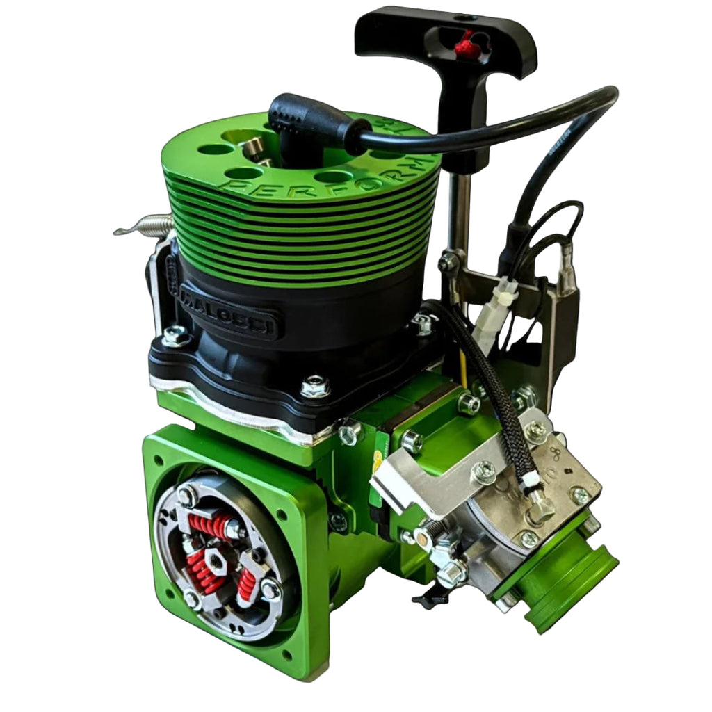 Green and black mechanical device on a white background