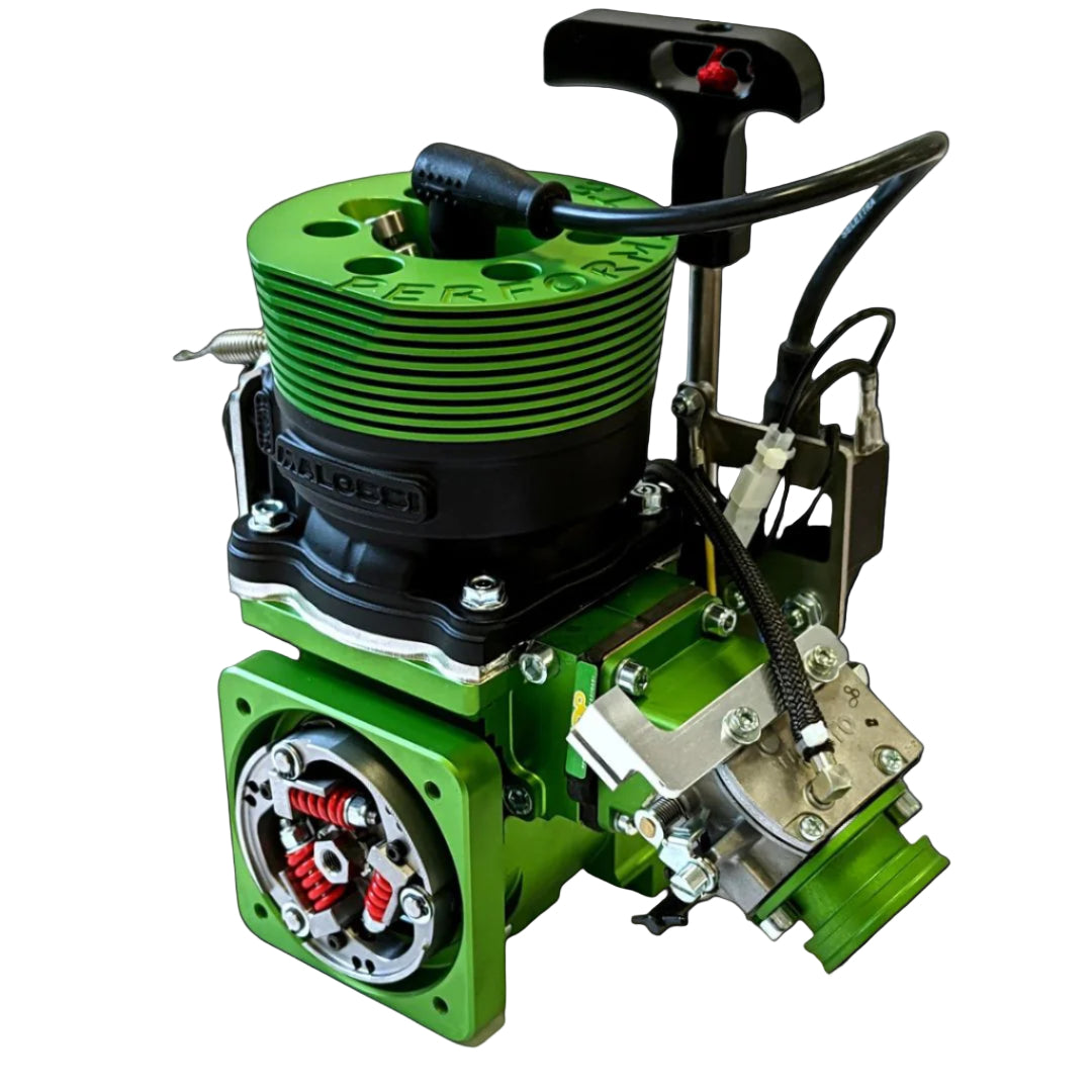 Green and black mechanical device on a white background