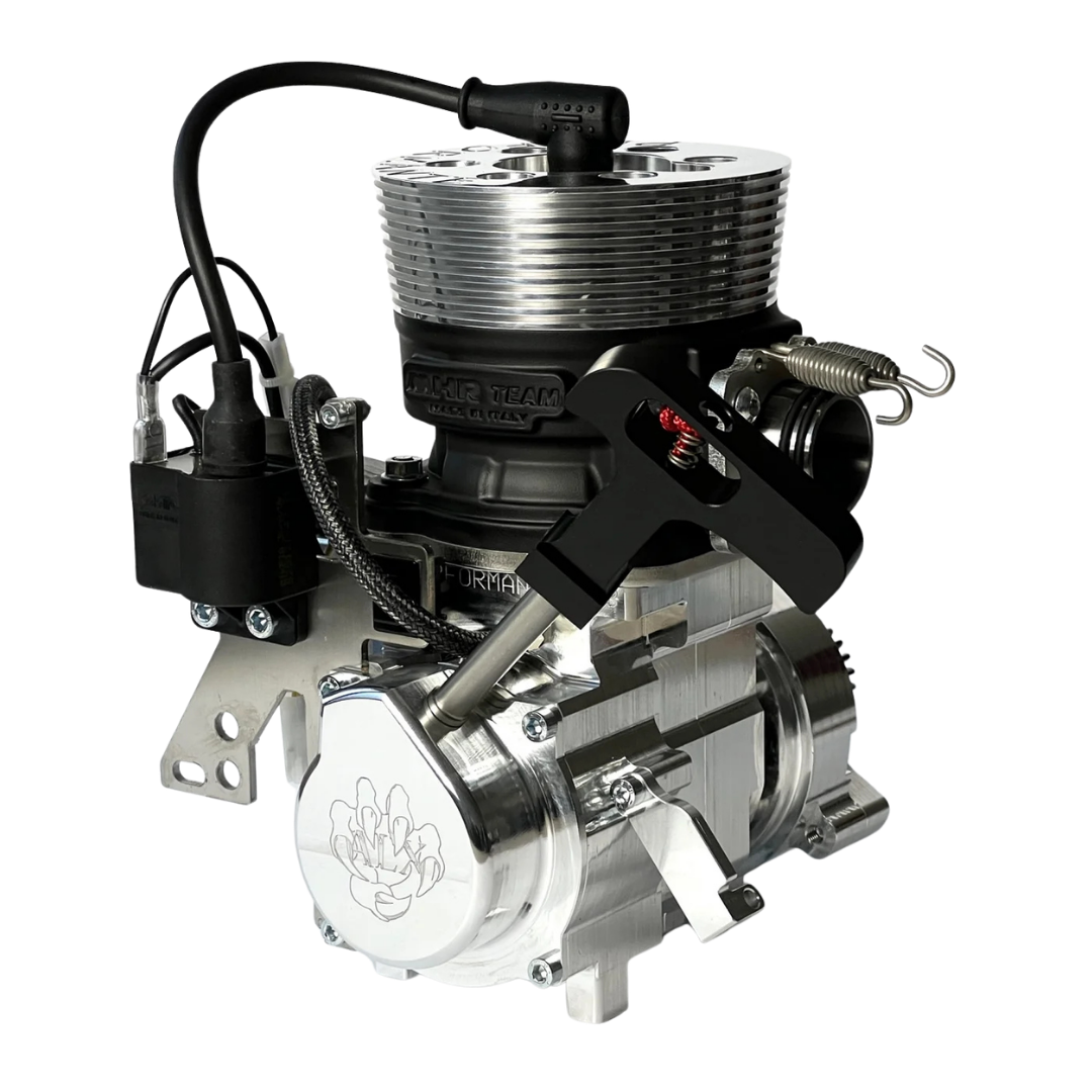 ALX 71 Performante Primal Raminator MT Full Kit raw silver engine, rear view from the pull-start side, with engraved ALX logo cover, ignition coil and pull-start handle
