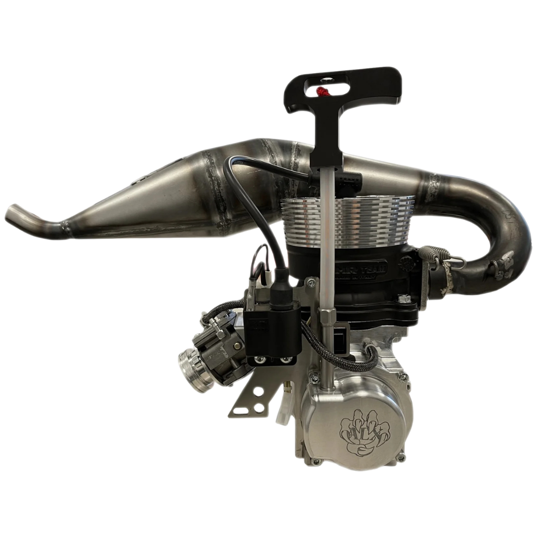 ALX 71 Performante Primal Raminator MT Full Kit raw silver engine with tuned pipe, rear view from the pull-start side, with engraved ALX logo cover and pull-start handle