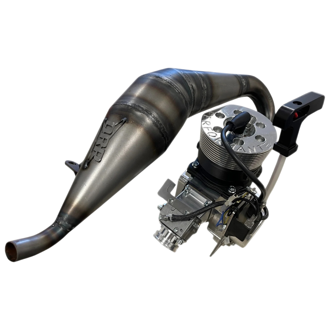 ALX 71 Performante Primal Raminator MT Full Kit raw silver engine with tuned pipe, side view, showing carburettor and pull-start handle