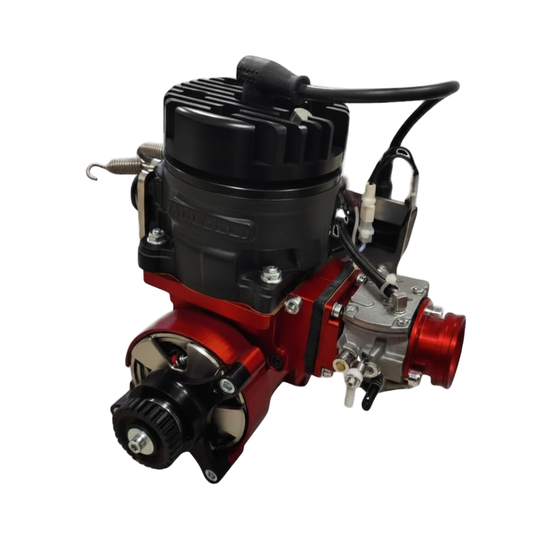 ALX 85 Malossi MCD MAX Engine Kit with black head and red anodised crankcase, front view (the clutch/bell side)