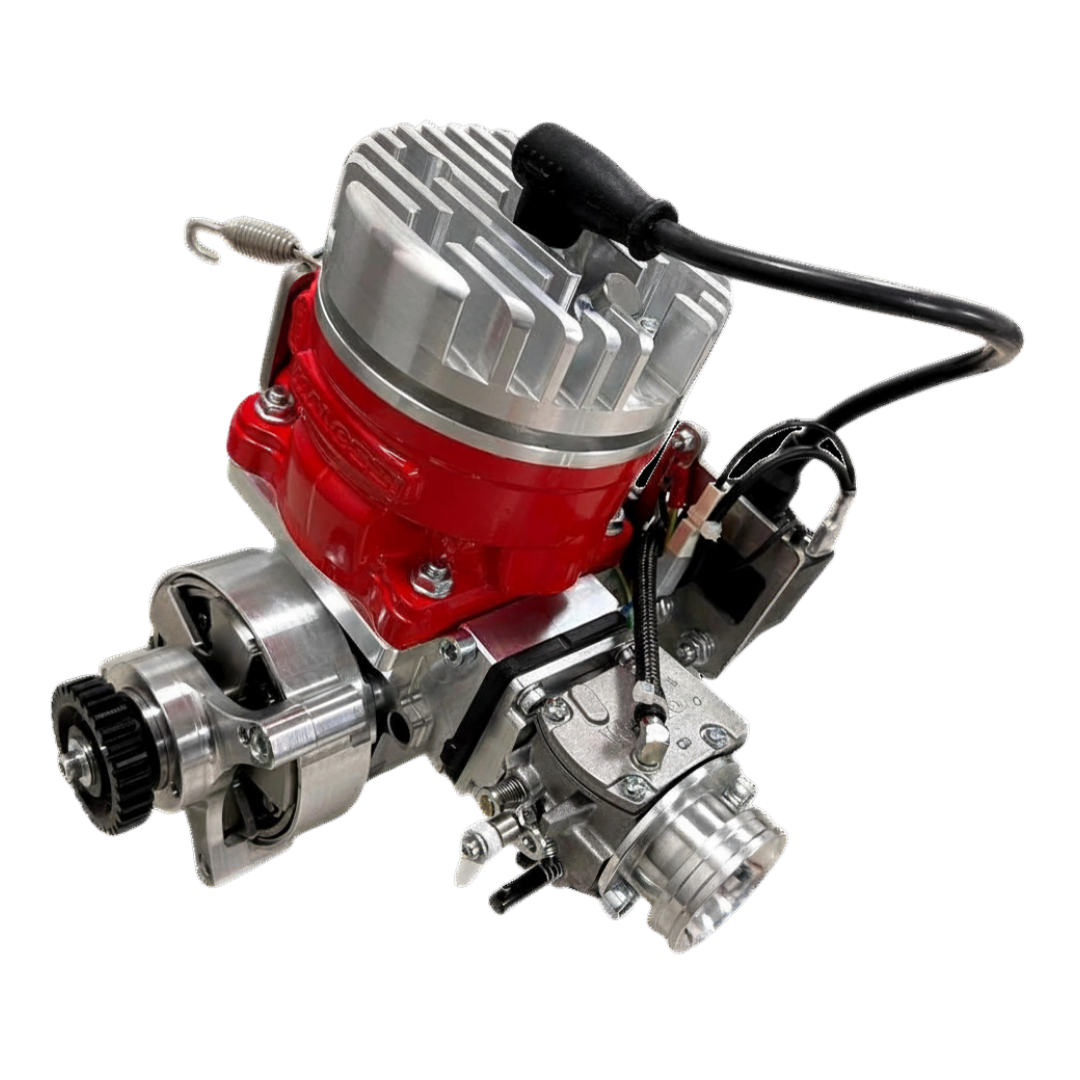 ALX 85 Malossi MCD MAX Engine Kit with raw silver head and crankcase and a red cylinder, front view (the clutch/bell side)