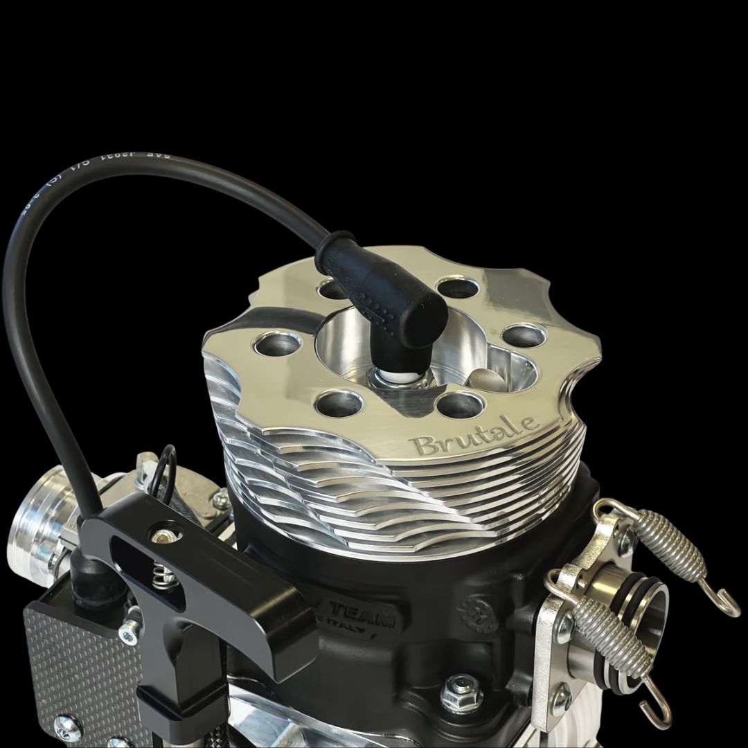 Close-up of a mechanical engine component with 'Brutale' branding on a black background
