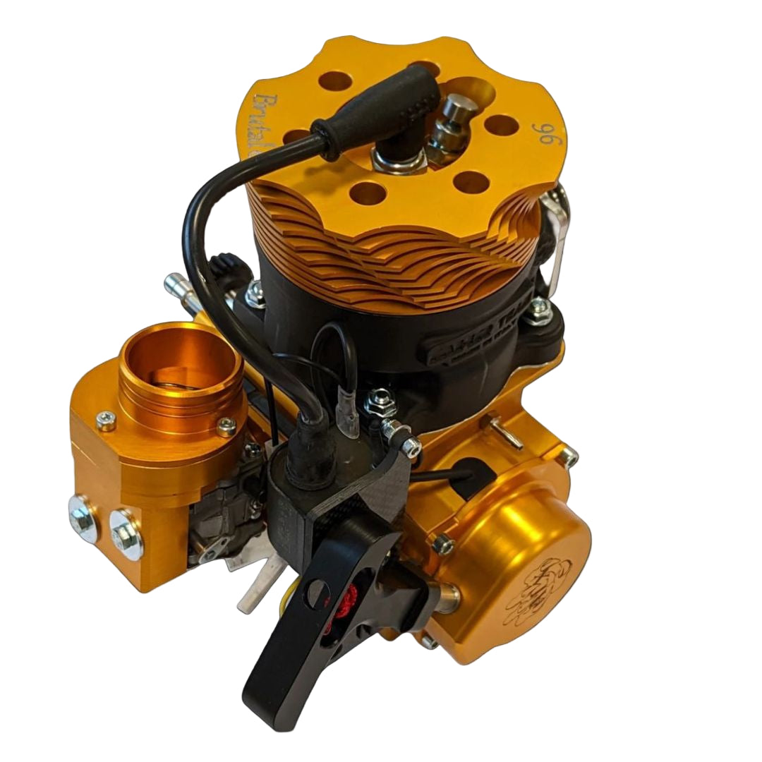 Gold and black engine block on a black background