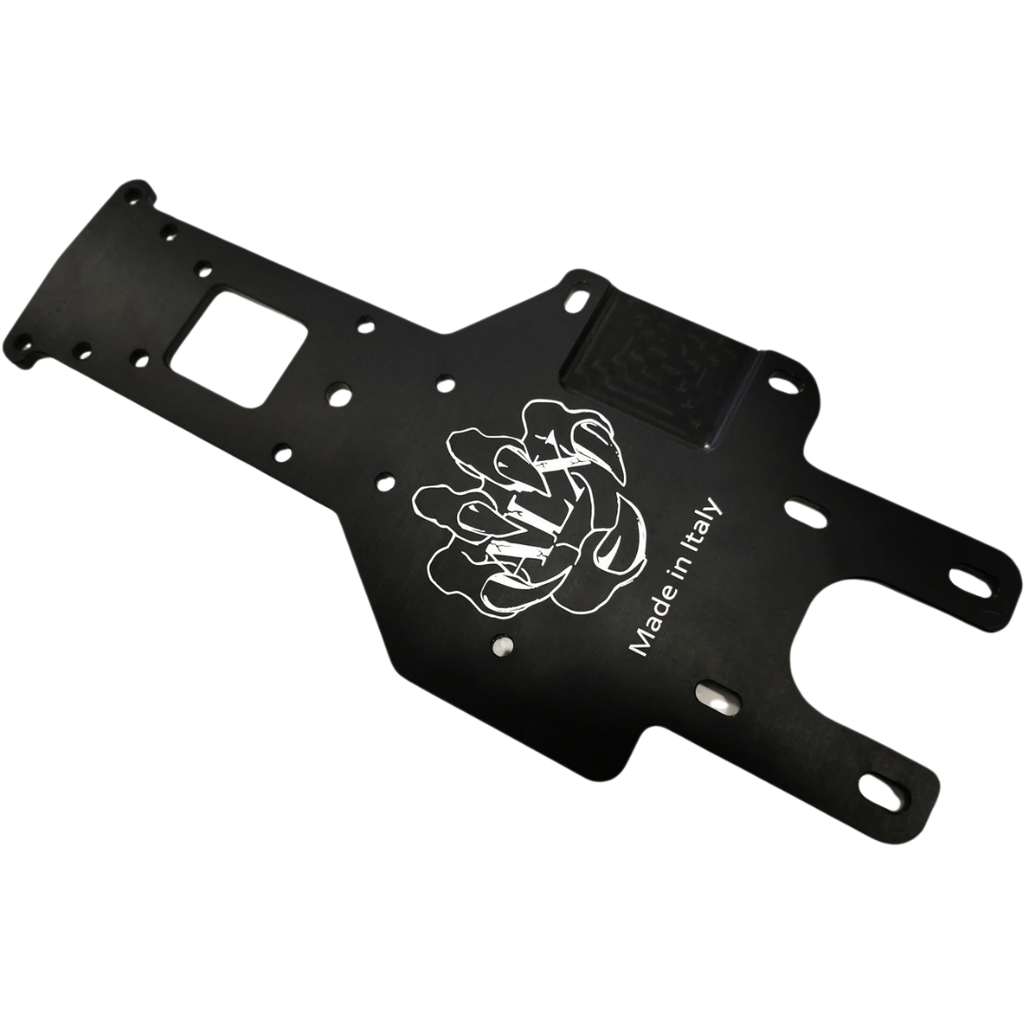 Black metal chassis with white logo and text on a white background