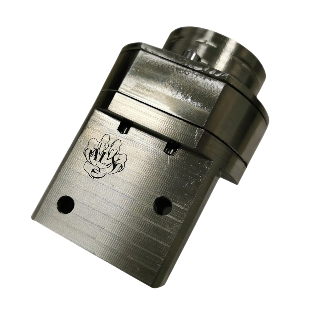 Metallic mechanical component with a logo on a white background
