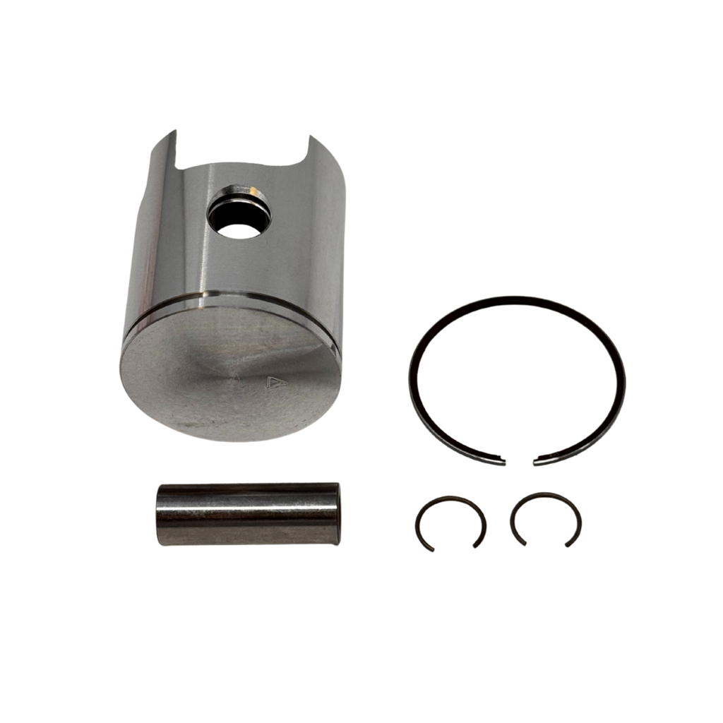 Mechanical components including a piston, rings, and a cylinder on a white background