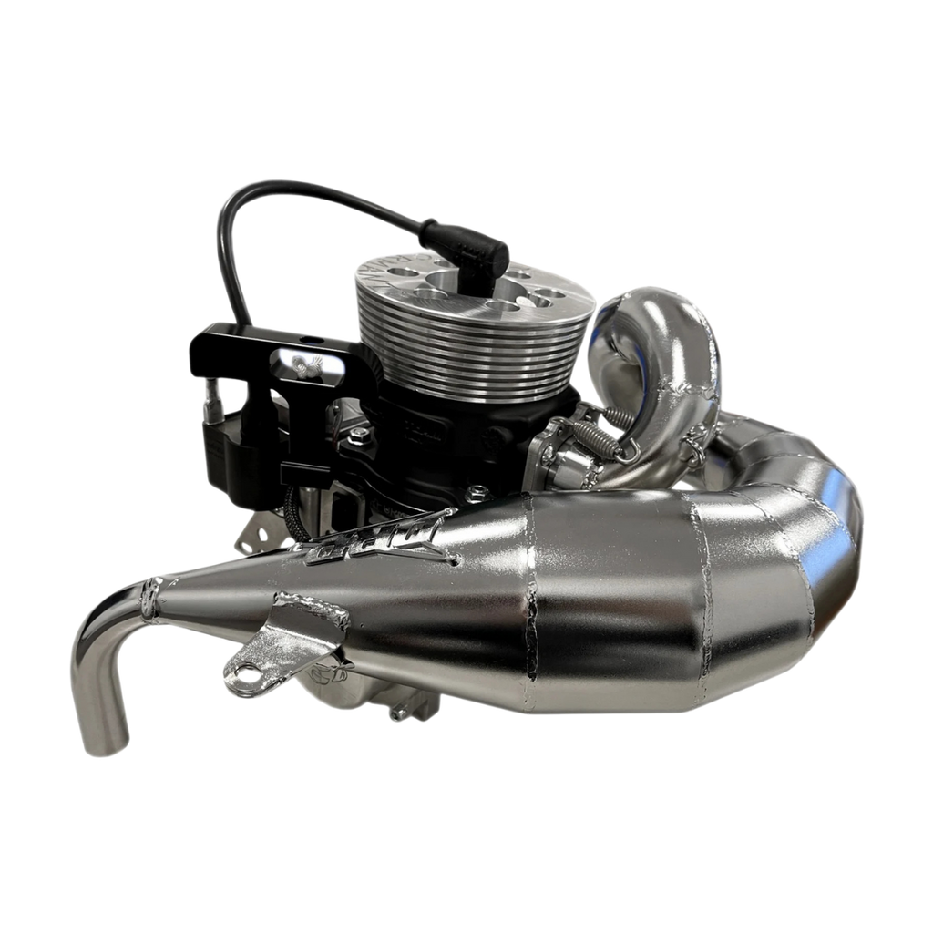 Model car engine and exhaust system on a white background