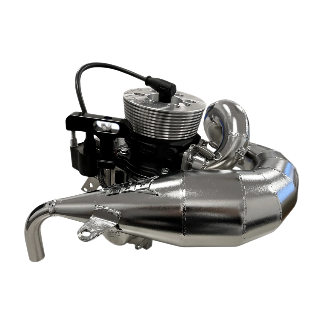 Model car engine and exhaust system on a white background