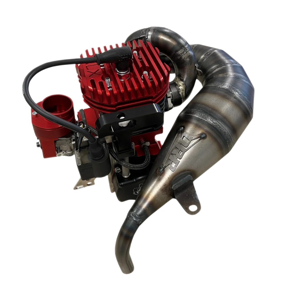 Red engine block with black exhaust pipe on a white background
