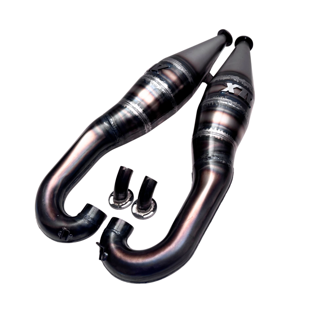 Pair of metallic exhaust pipes on a white background