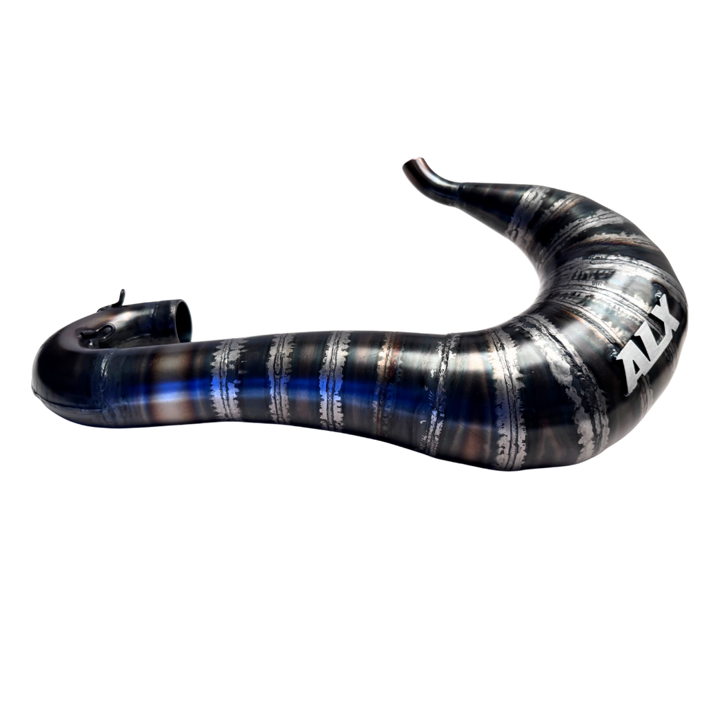 Black and blue curved pipe with 'ALX' branding on a white background