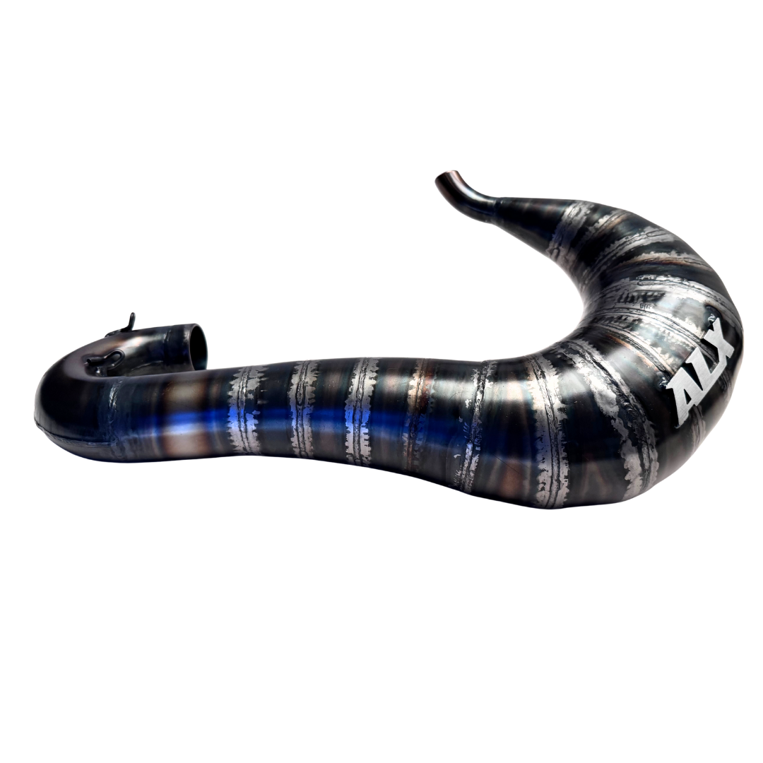 Black and blue curved pipe with 'ALX' branding on a white background