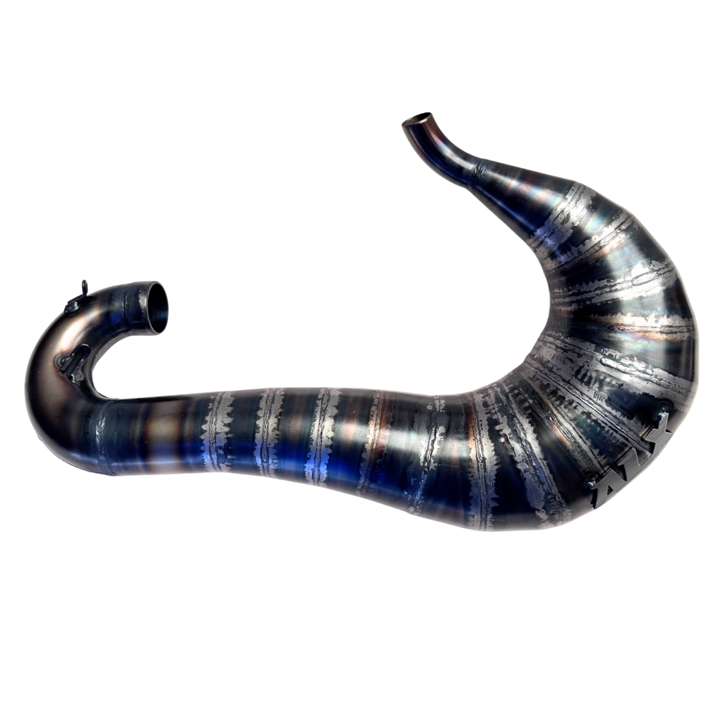 Metallic curved exhaust pipe on a white background