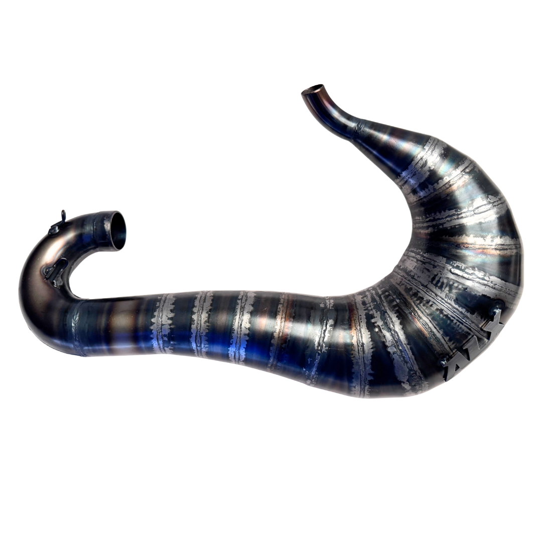 Metallic curved exhaust pipe on a white background