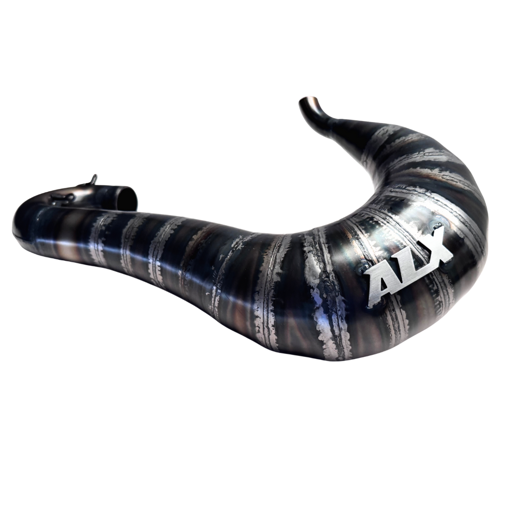 Black and silver curved exhaust pipe with 'ALX' branding on a white background