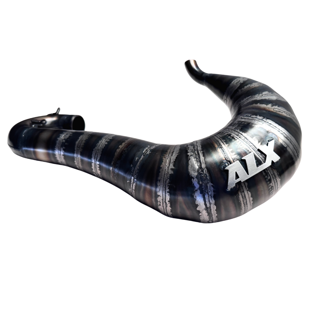 Black and silver curved exhaust pipe with 'ALX' branding on a white background