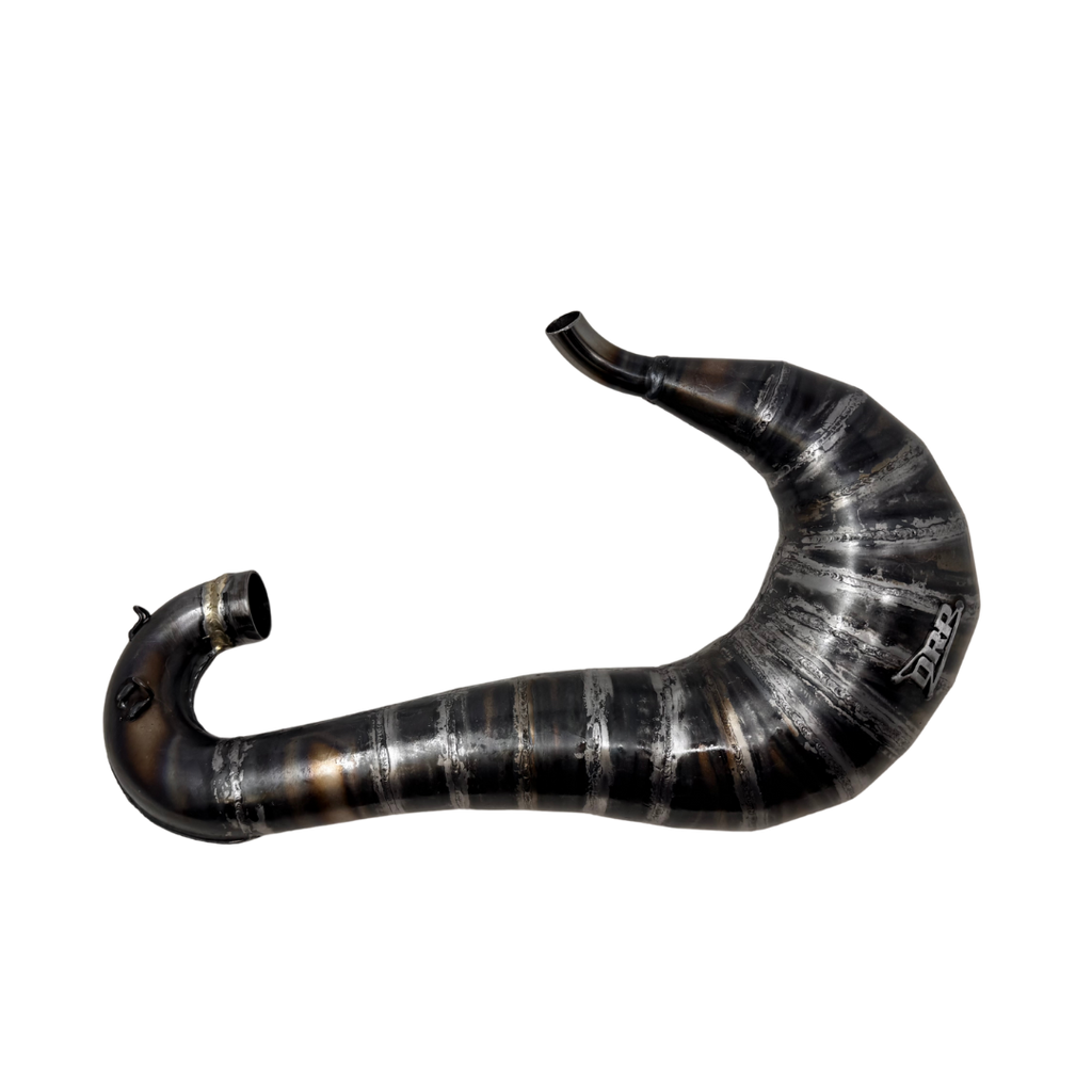 Black and silver curved exhaust pipe on a white background