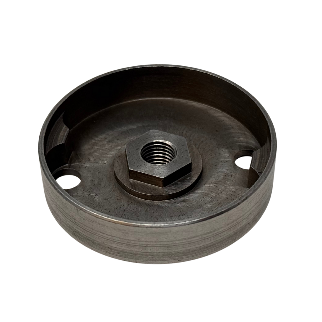 Metallic pulley with a central bolt on a white background