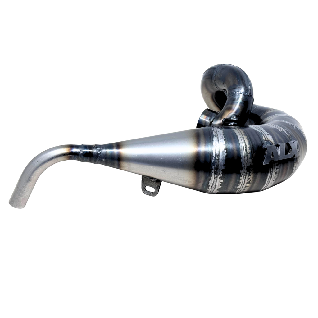 RC exhaust pipe with 'ALX' branding on a white background