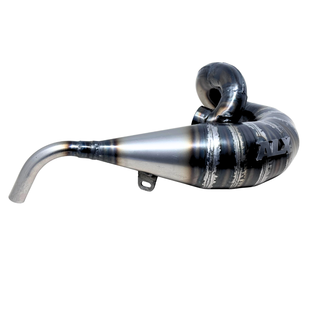 RC exhaust pipe with 'ALX' branding on a white background