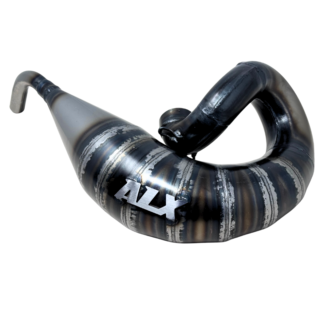 Tuned exhaust pipe with 'ALX' branding on a white background