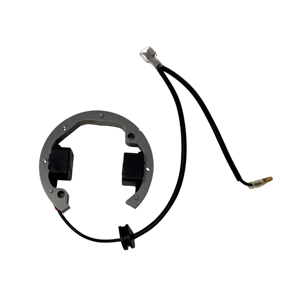 Mechanical component with a black cable on a white background