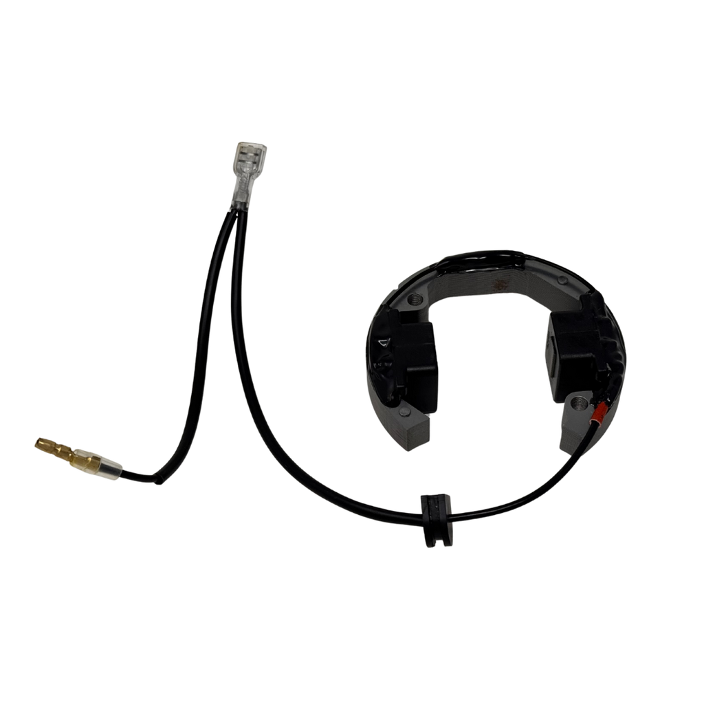Black ignition coil with connector on a white background