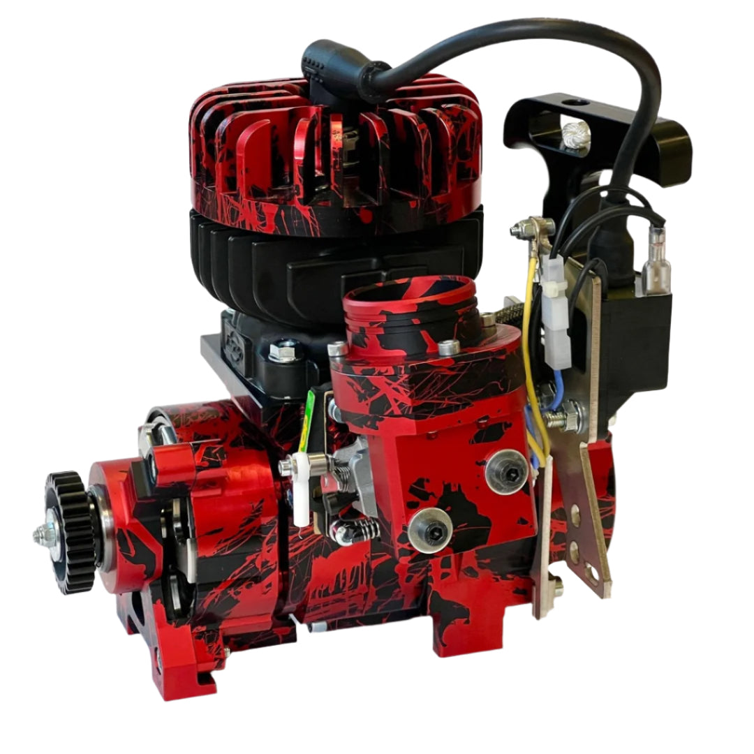 Red and black engine block on a white background