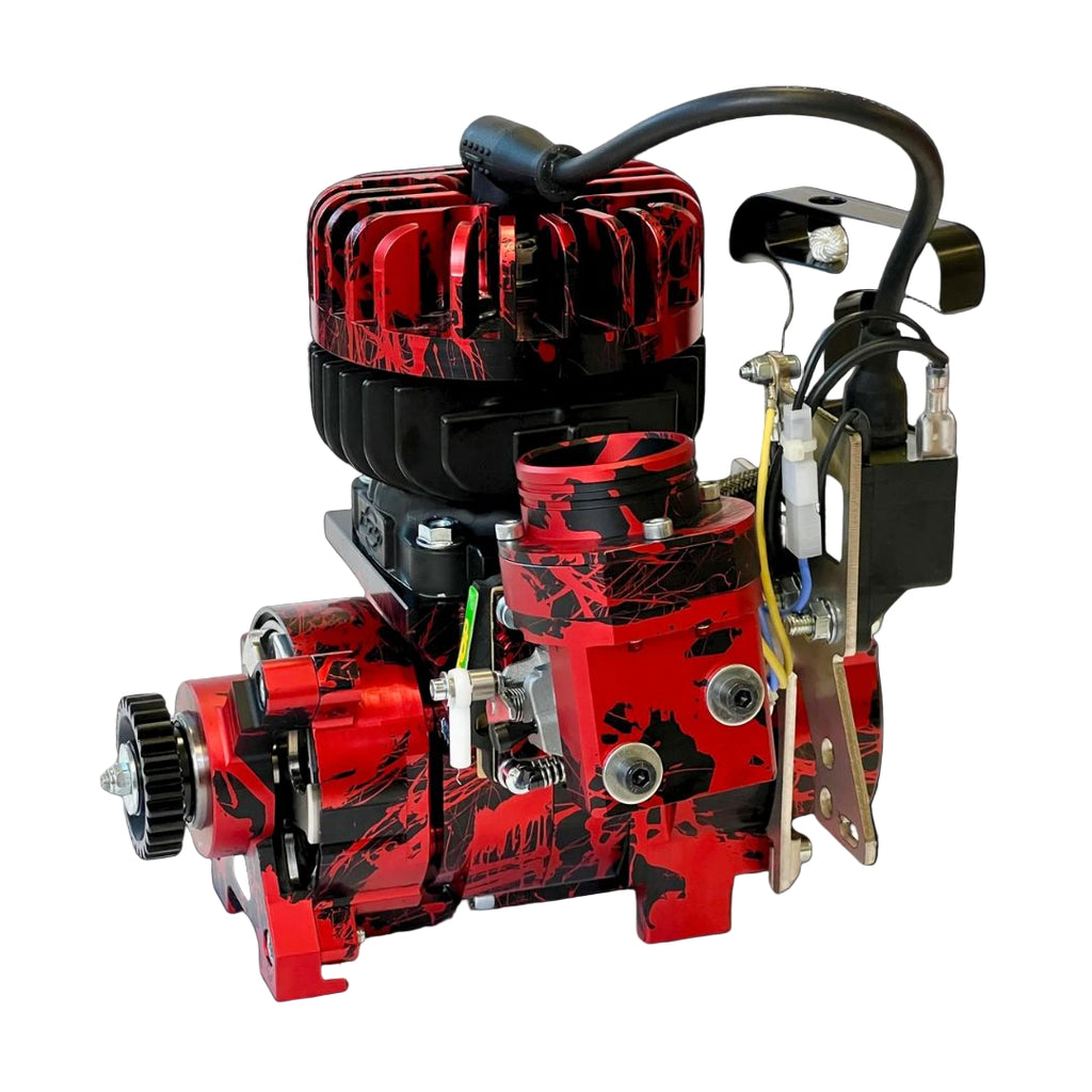Red and black engine model on a black background