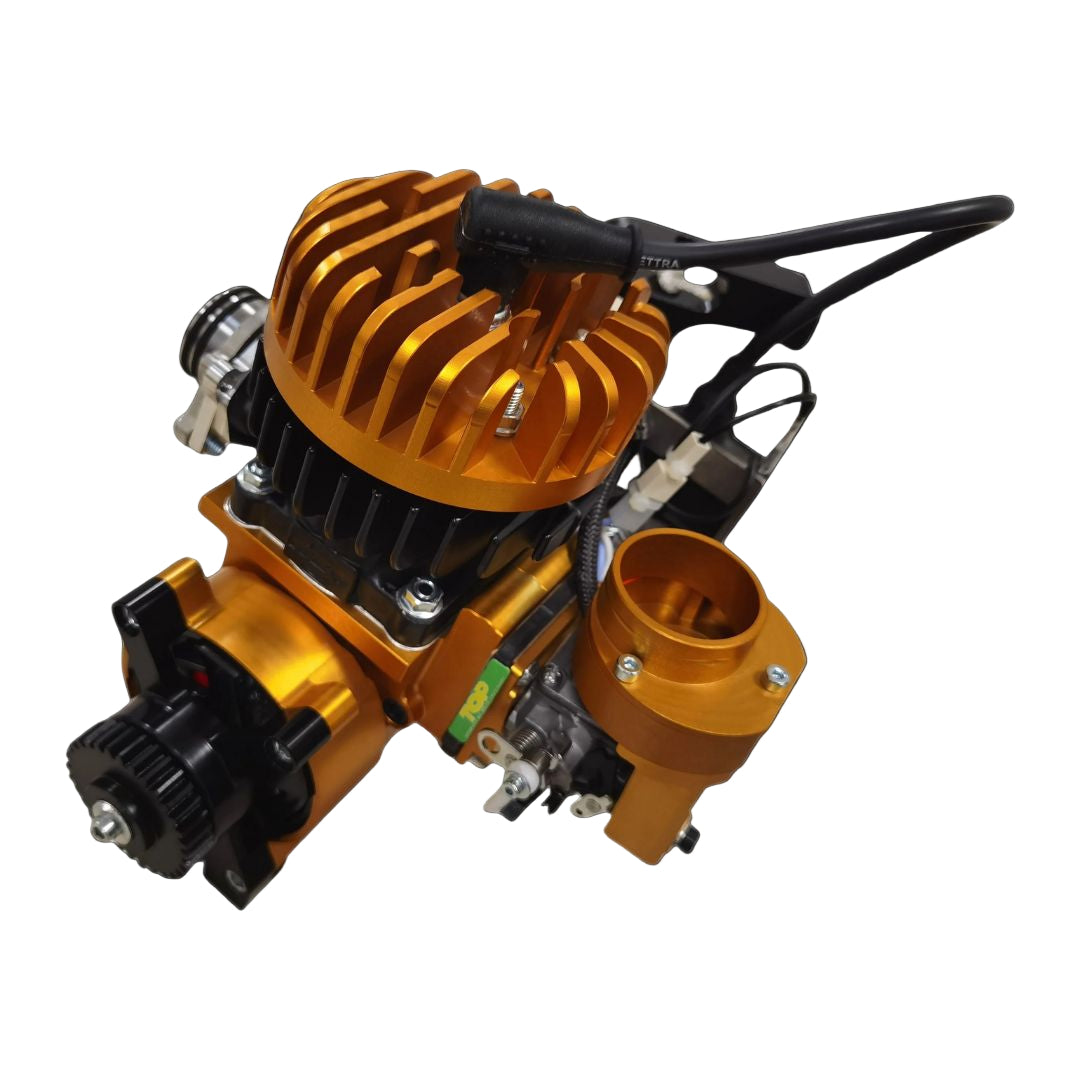 Engine with orange and black components on a black background
