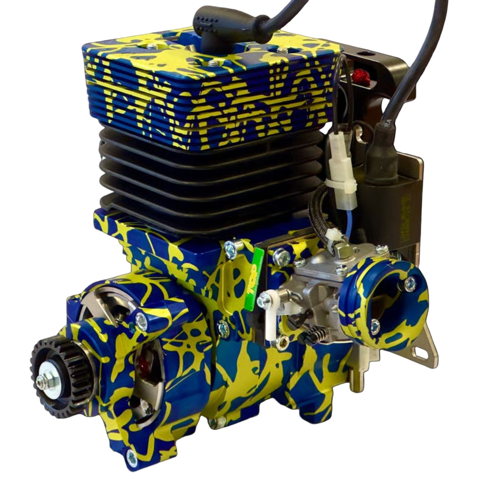 Blue and yellow engine block with visible branding on a black background