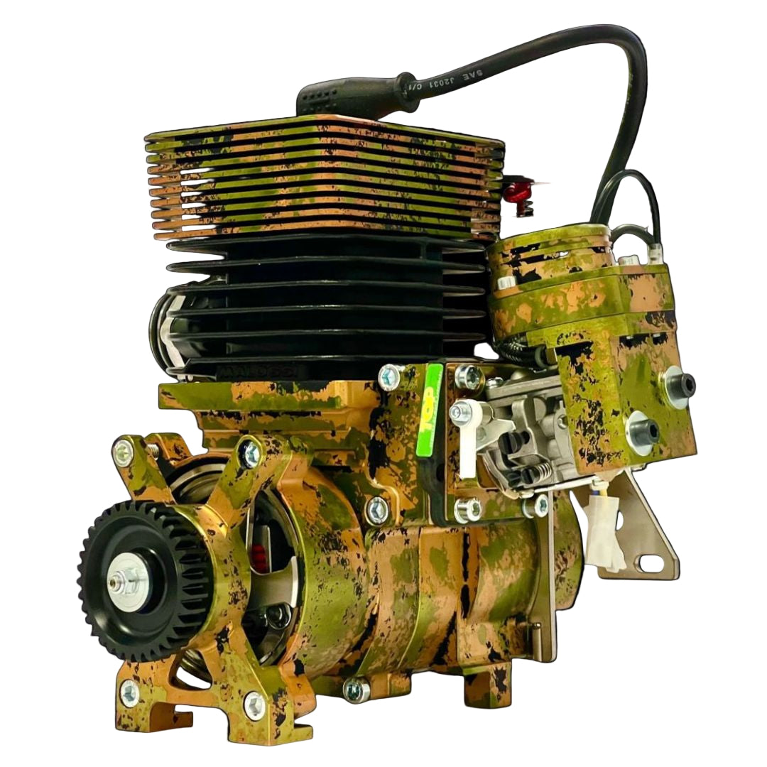 Camouflage-patterned engine on a black background