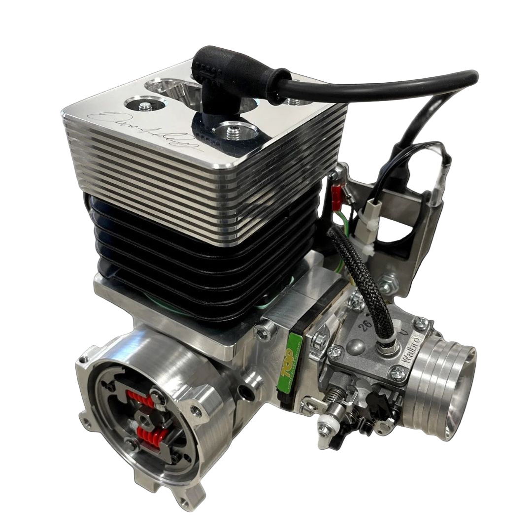 Engine block with various components on a black background