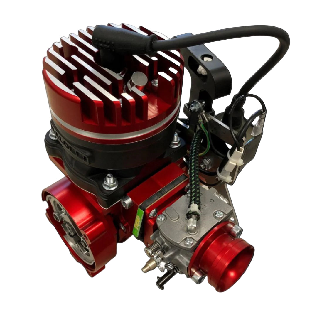 Red and black engine or motor component on a black background