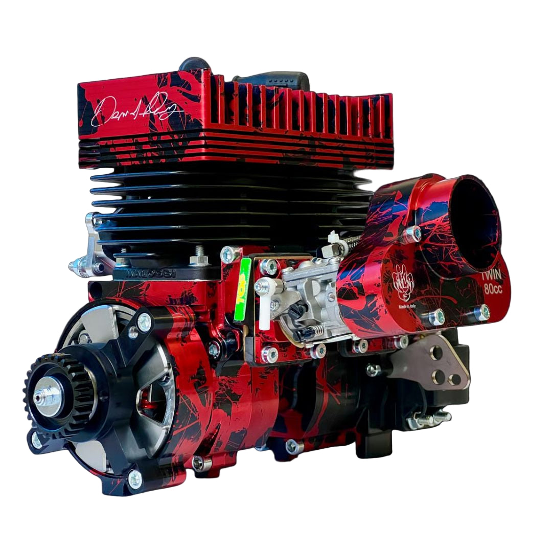 Engine block with red and black design on a black background