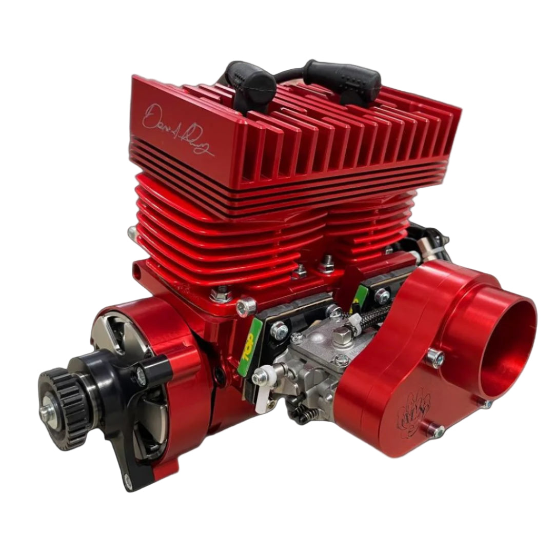Red engine block with visible branding on a white background